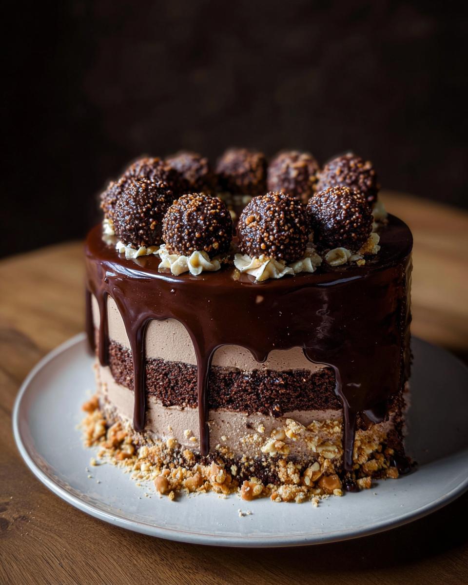 A rich Dark Chocolate Truffle Cake featuring layers of chocolate sponge, mousse, a glossy ganache drip, and chocolate hazelnut balls.