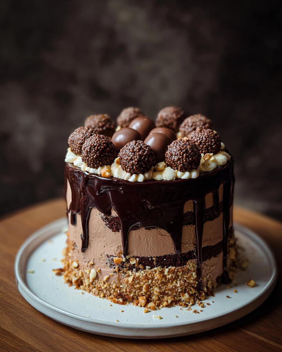 A rich, layered Dark Chocolate Truffle Cake topped with chocolate truffles and a dark ganache drip.