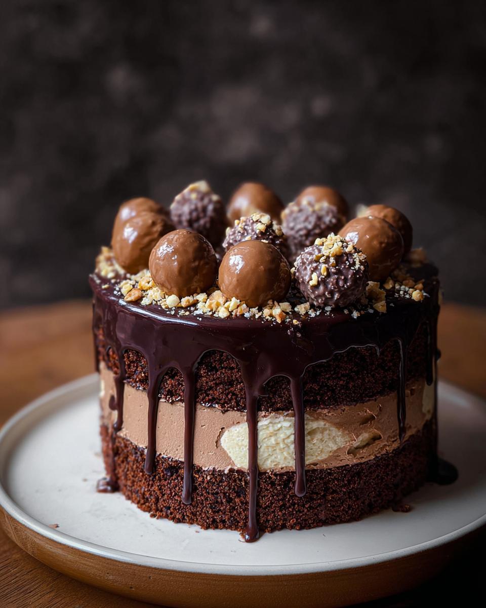 A rich, layered Dark Chocolate Truffle Cake with chocolate ganache drips and topped with hazelnut truffles.