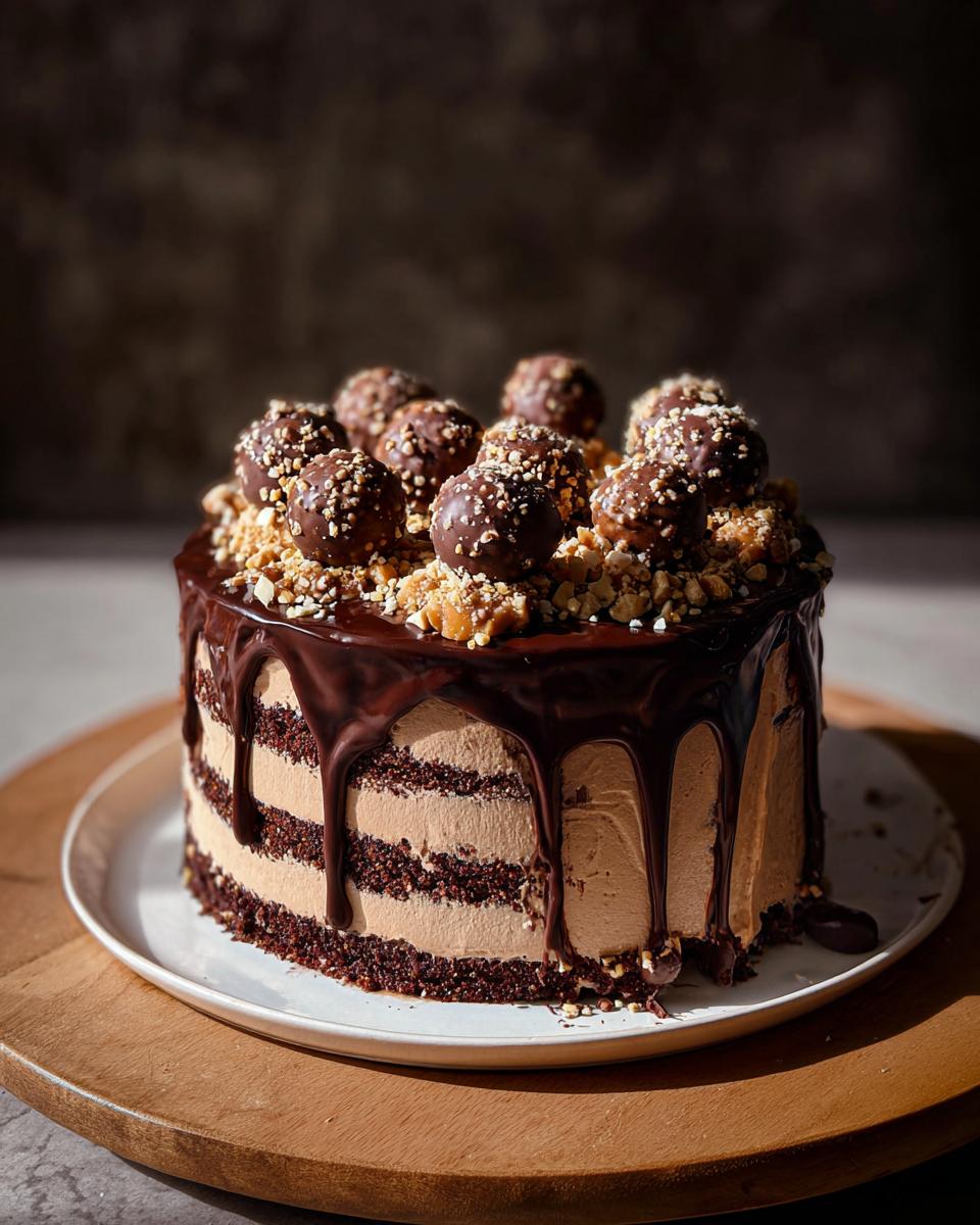 A rich, layered Dark Chocolate Truffle Cake topped with chocolate glaze drips and hazelnut truffles.