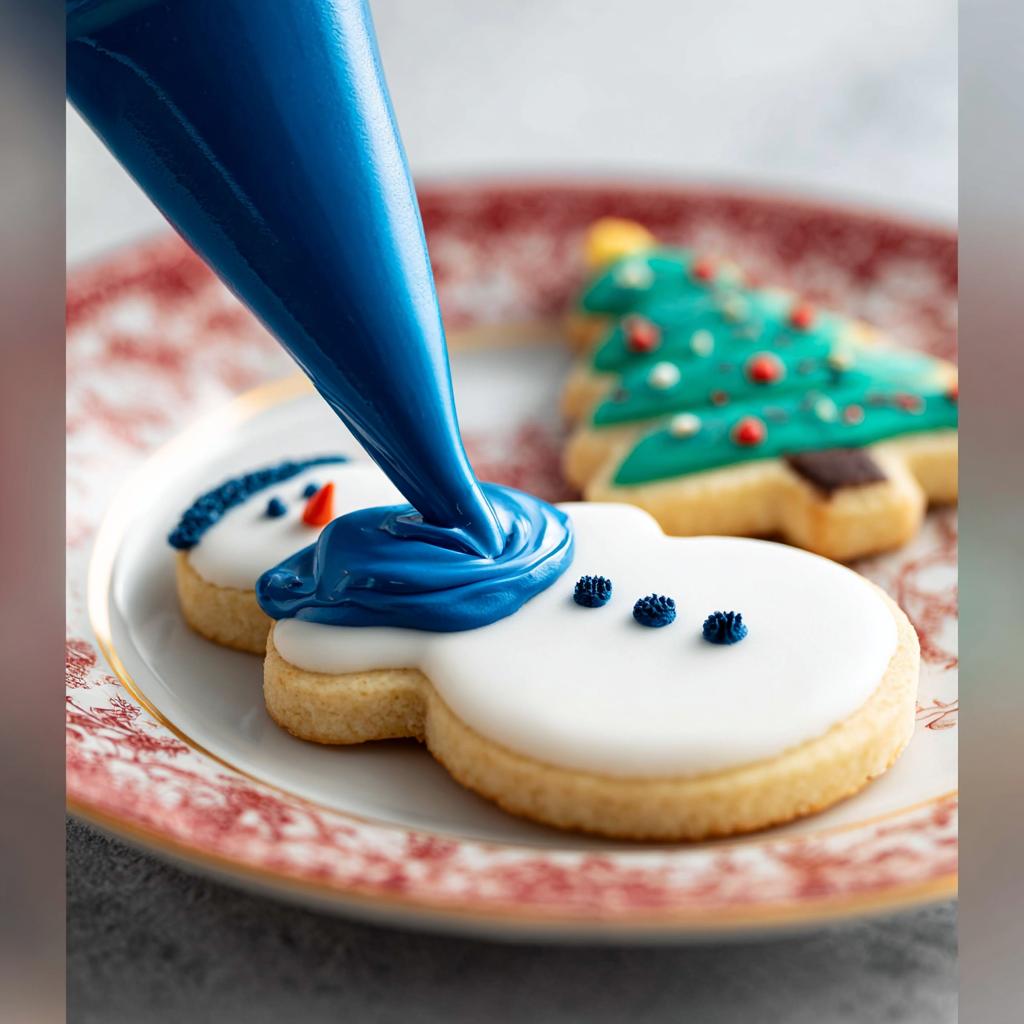 A piping bag dispenses thick, blue Royal Icing for Decorated Cookies onto a snowman-shaped sugar cookie.