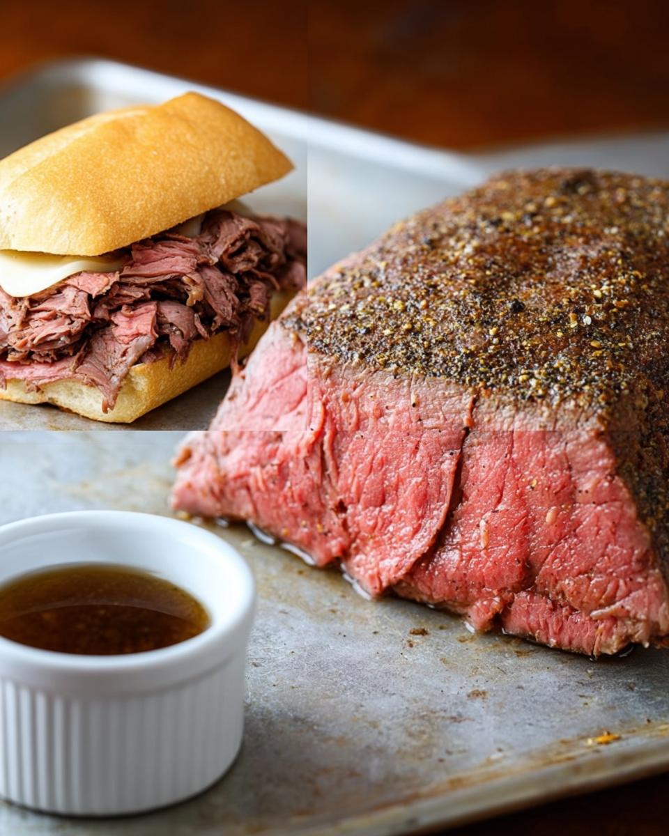 A composite image showing a seasoned roast beef, a French dip sandwich, and a cup of Au Jus for dipping.