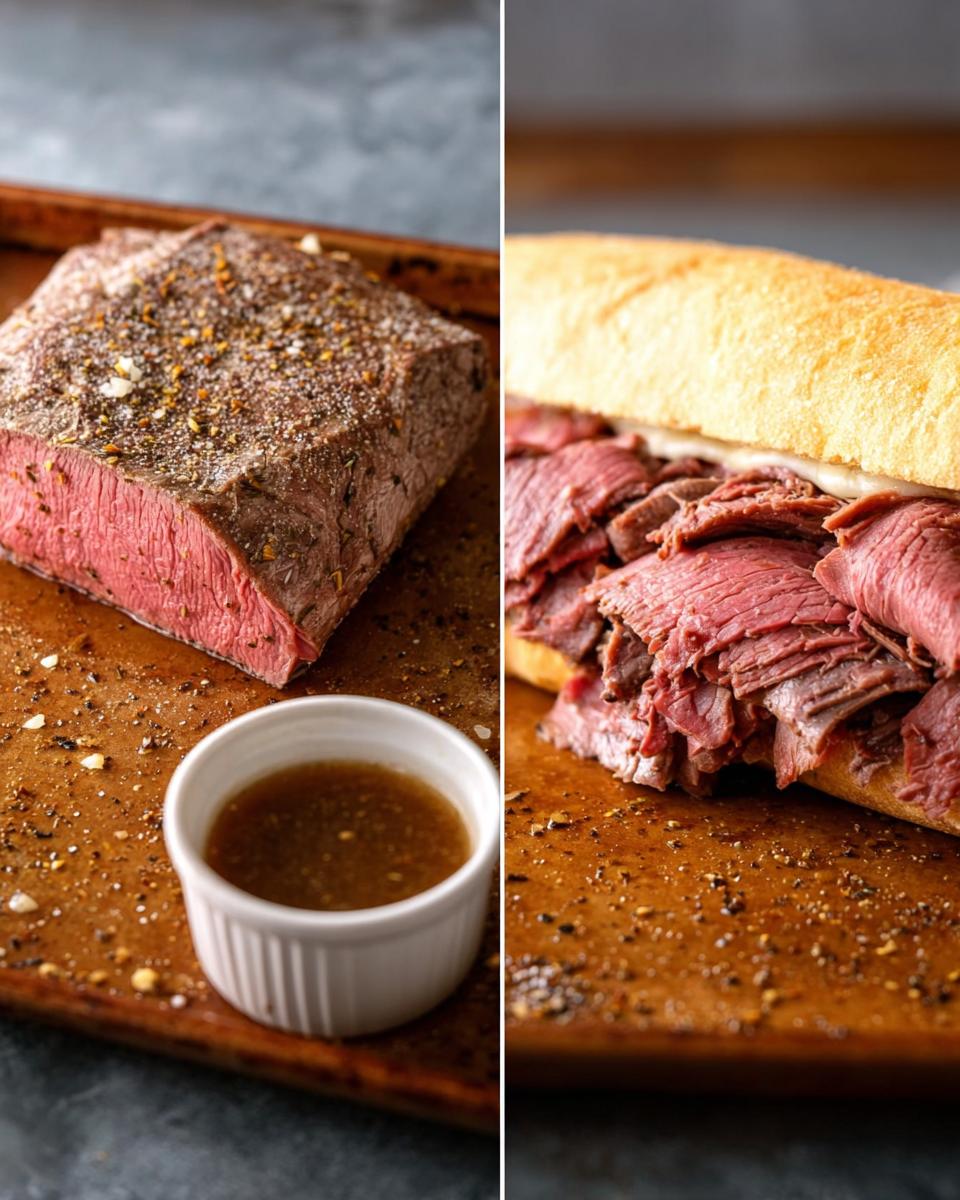 Split image showing seasoned roast beef with a side of au jus, and a French Dip sandwich filled with sliced beef.