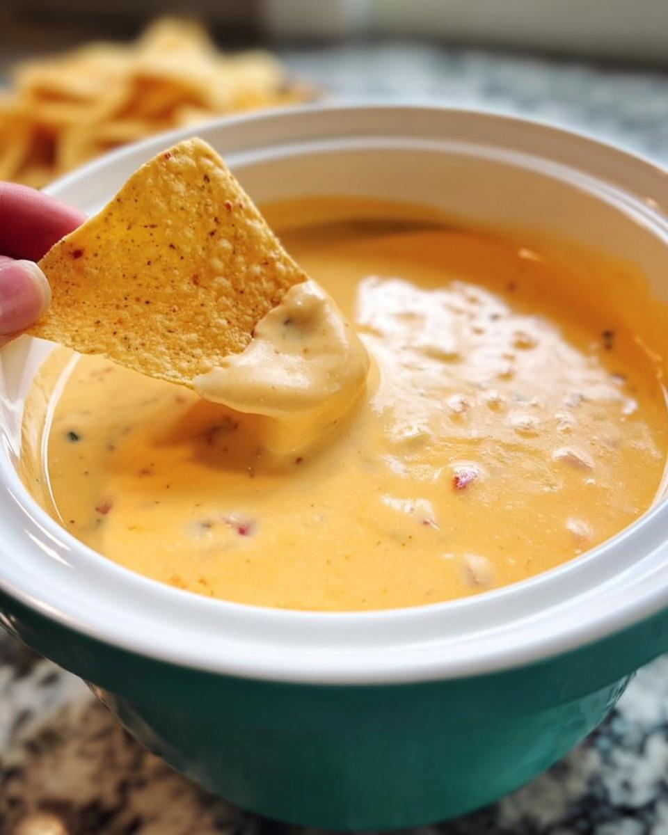 A hand dips a tortilla chip generously into a bowl of smooth, orange Queso Dip containing visible bits of red pepper.