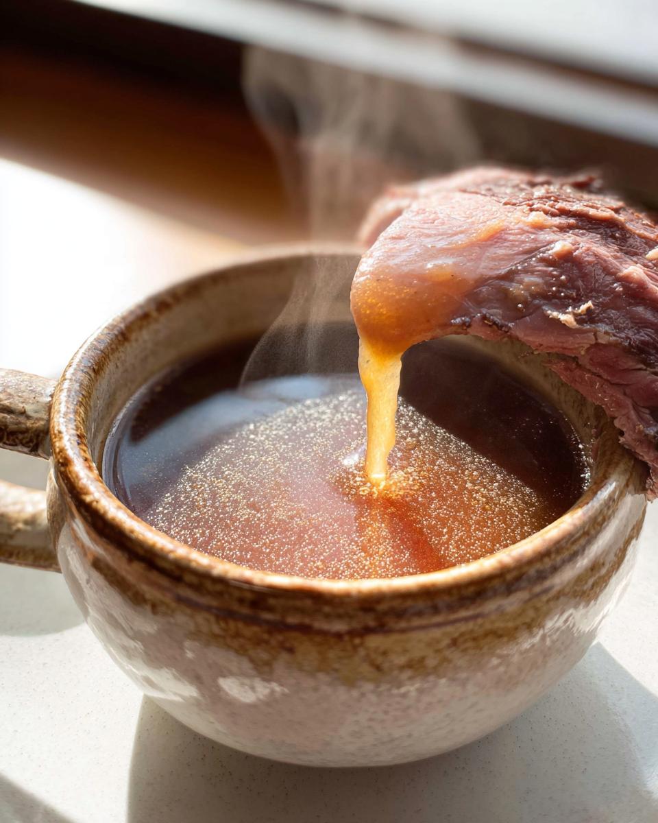 A piece of roast beef is dipped into a steaming mug of rich Homemade Au Jus without drippings.