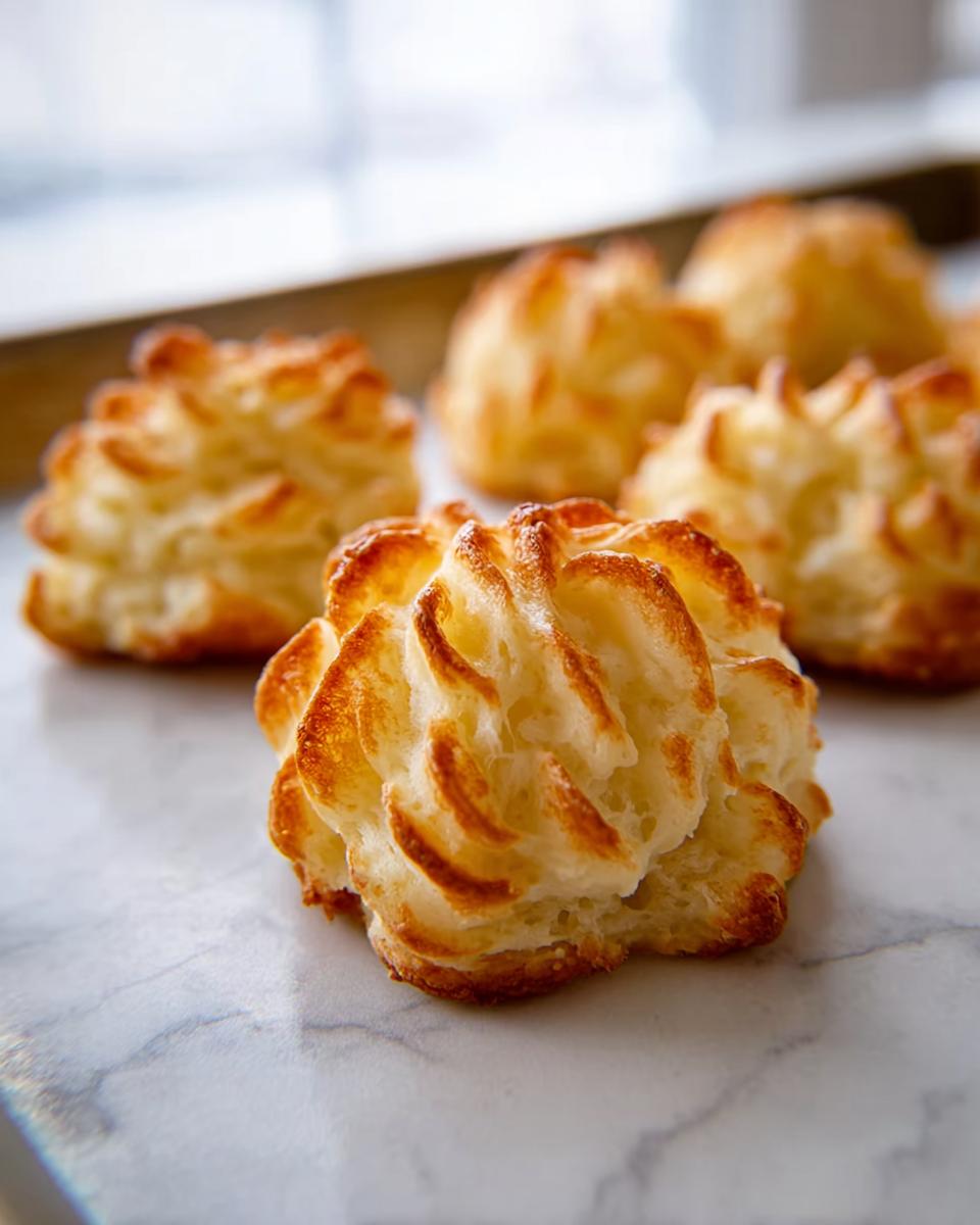 Close-up of perfectly piped and baked Duchess Potatoes (Make Ahead) showing golden brown, crispy edges.