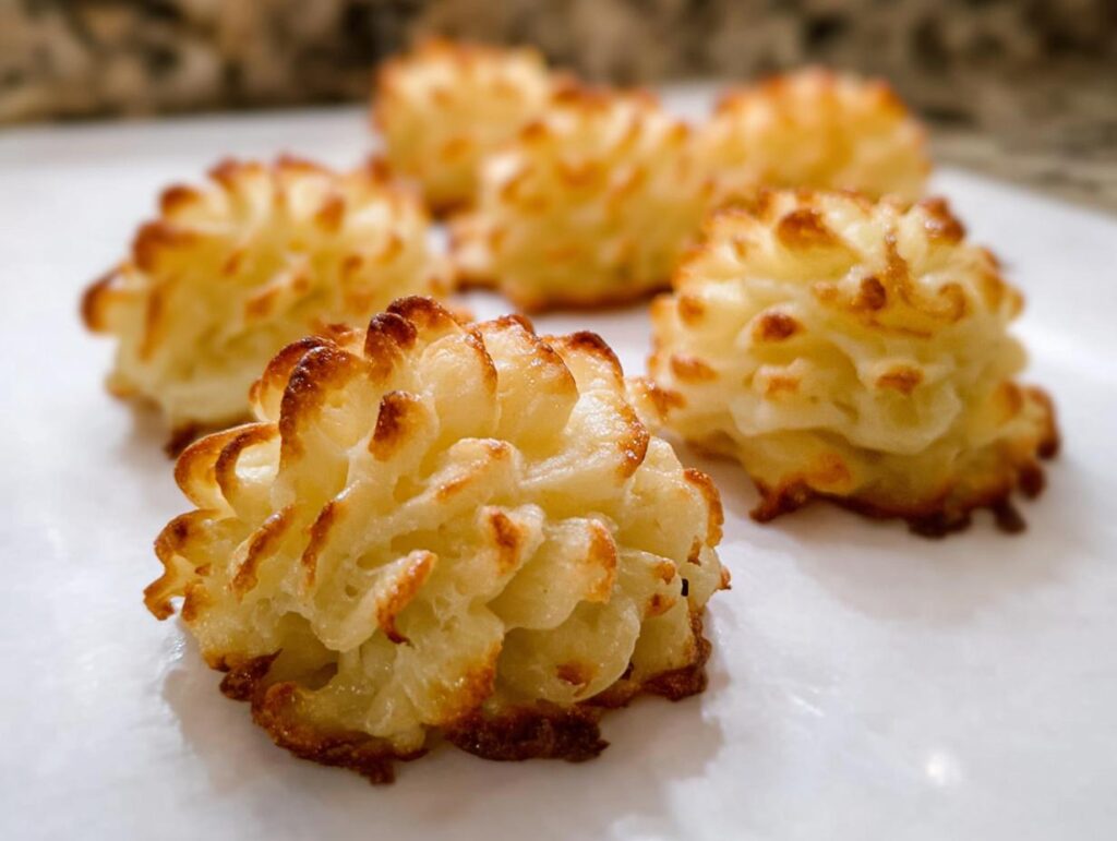 Close-up of perfectly piped and baked Duchess Potatoes (Make Ahead) with golden, crispy edges.