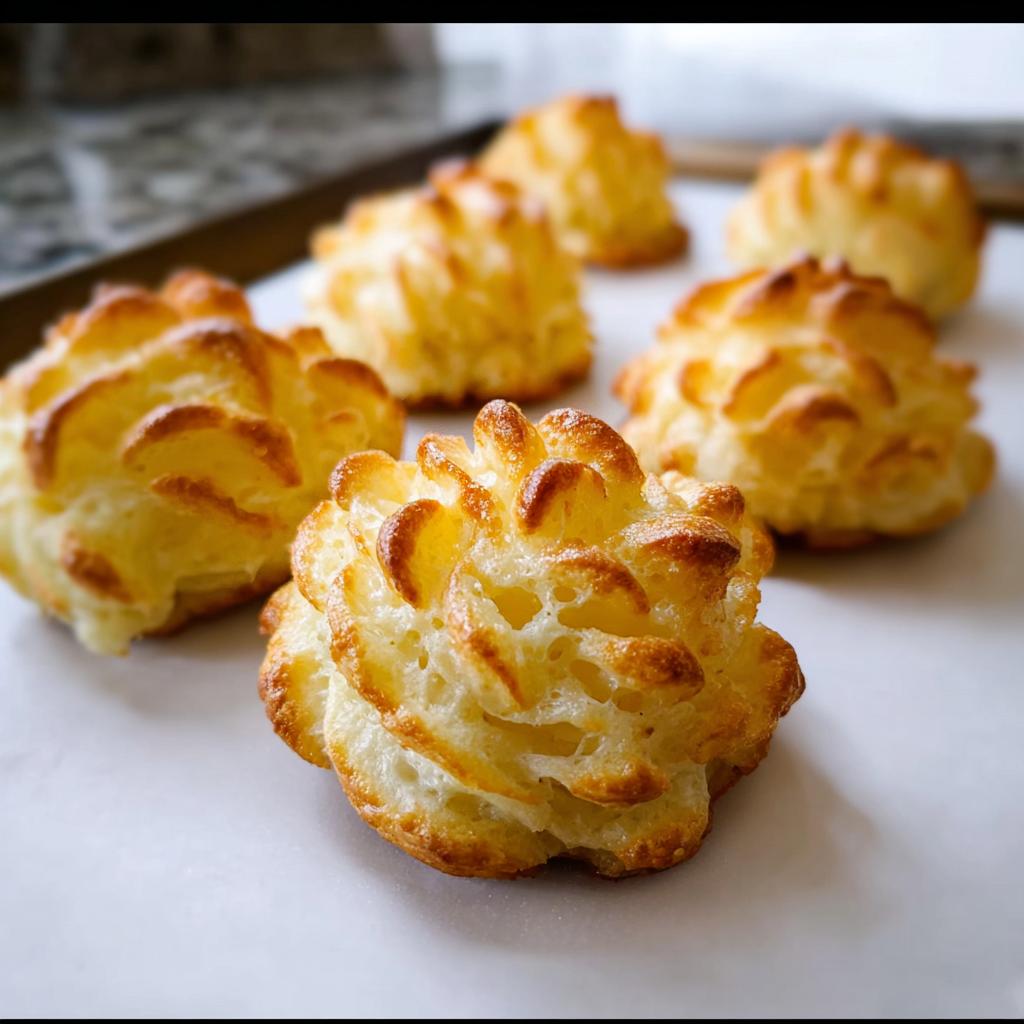 Close-up of freshly baked Duchess Potatoes piped into beautiful, golden brown rosettes on parchment paper.