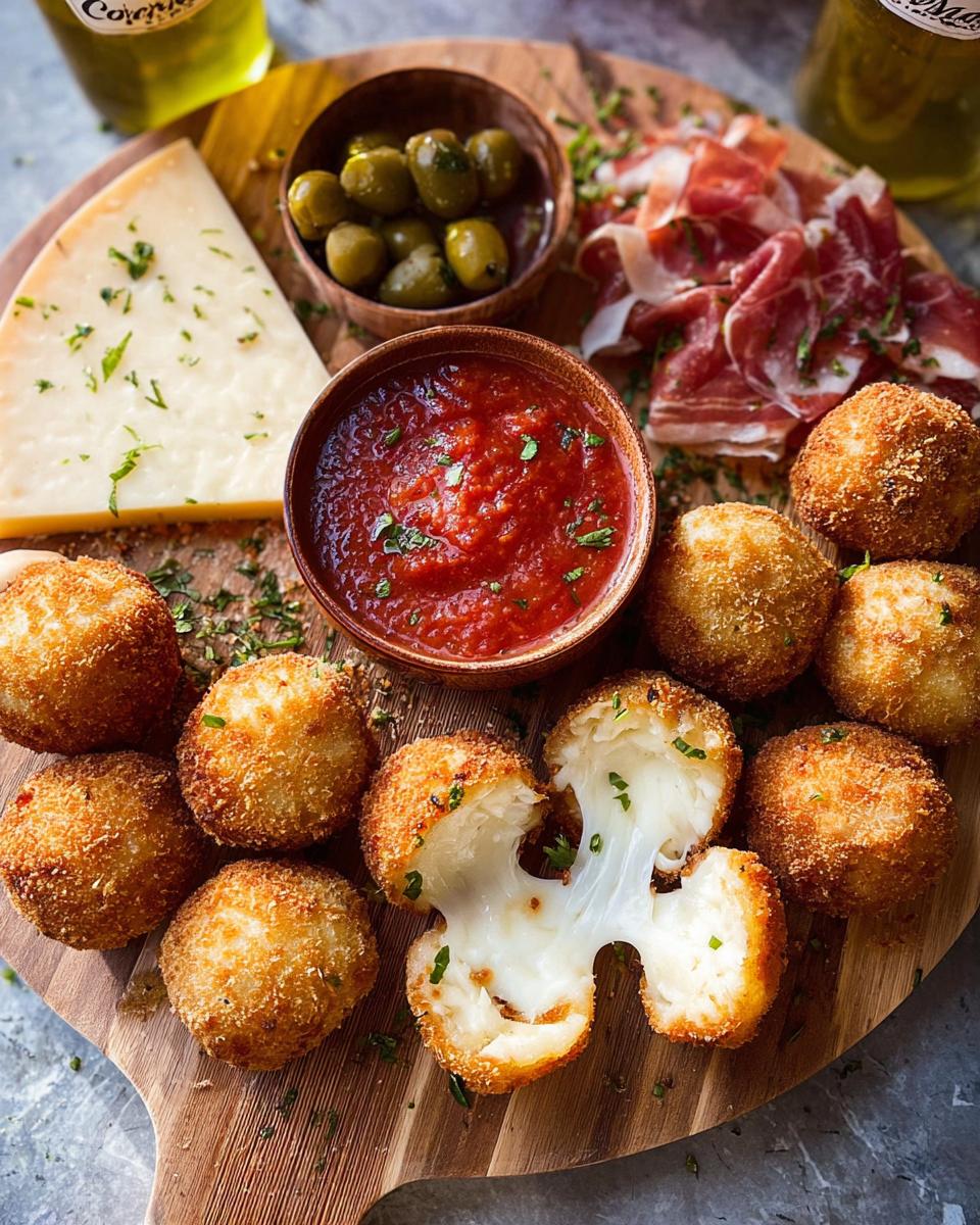Cheesy, fried arancini balls served on a platter as part of an elegant New Year’s Eve Dinner Menu.