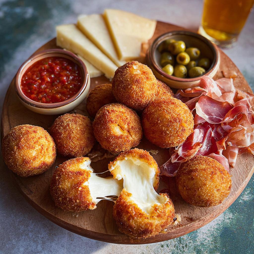 Golden fried cheese balls with a cheese pull, served on a platter for a New Year’s Eve Dinner Menu.