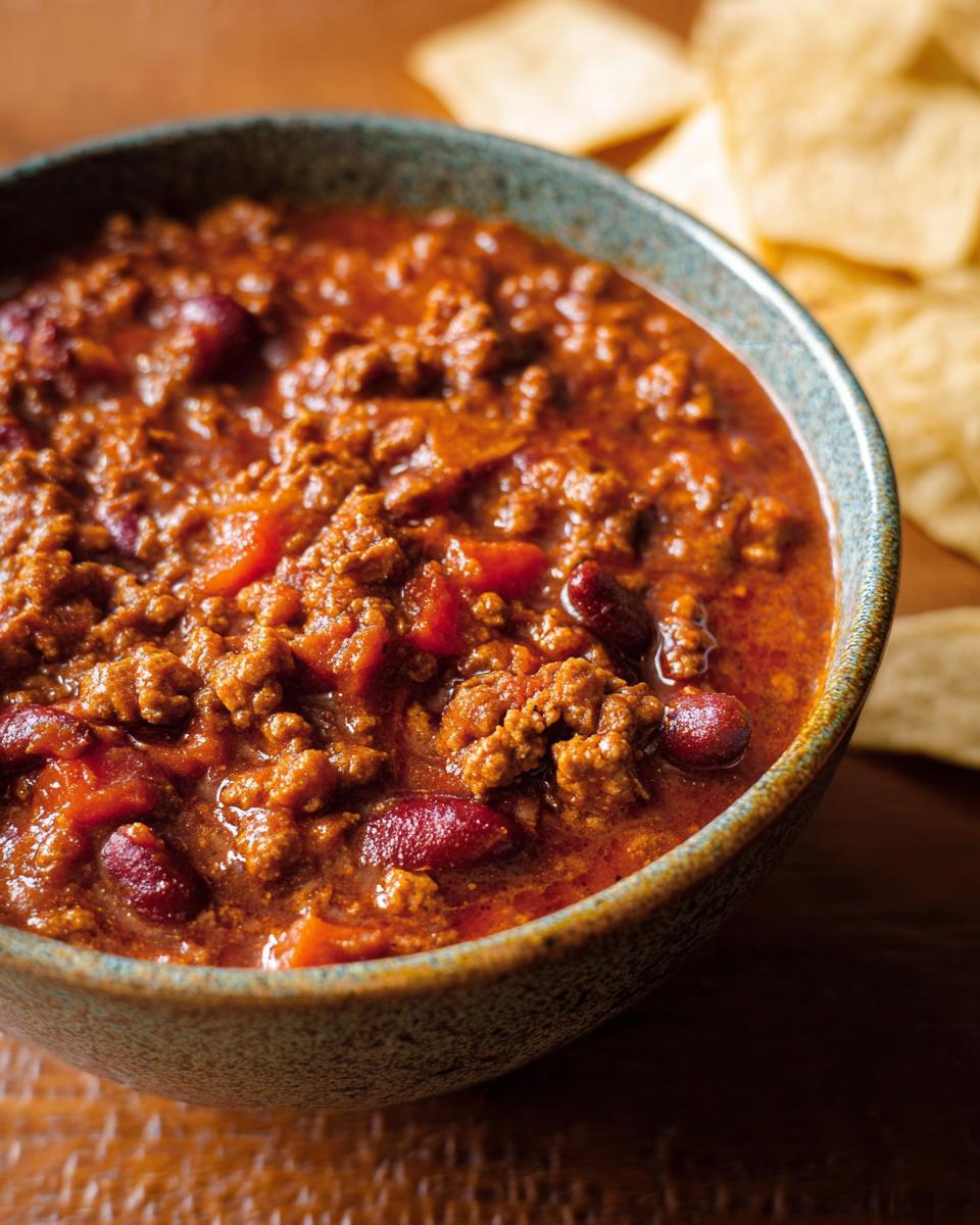 A close-up of a bowl filled with hearty Easy Beef Chili, featuring ground beef, kidney beans, and a rich tomato base.