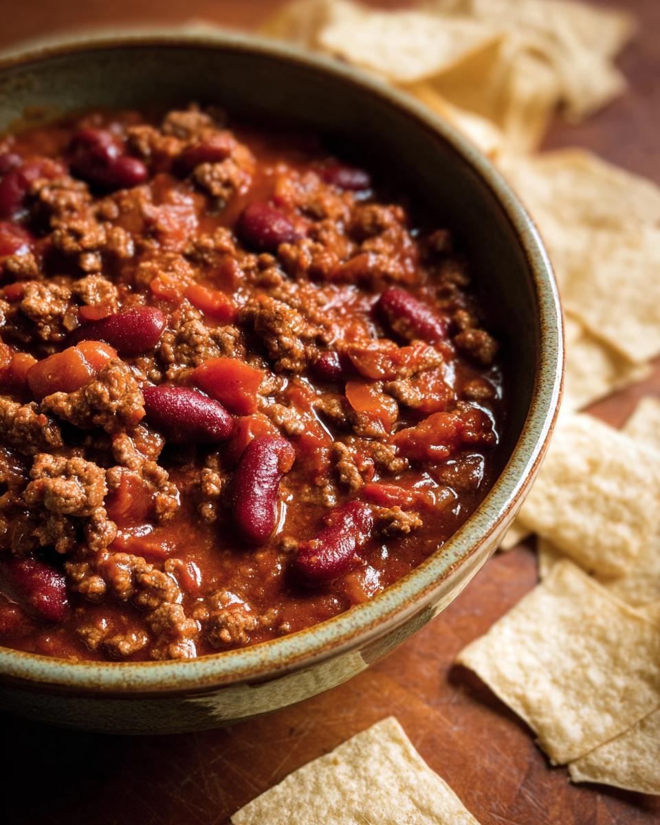 A close-up of a bowl filled with hearty Easy Beef Chili, featuring ground beef, kidney beans, and tomatoes, with tortilla chips scattered around.