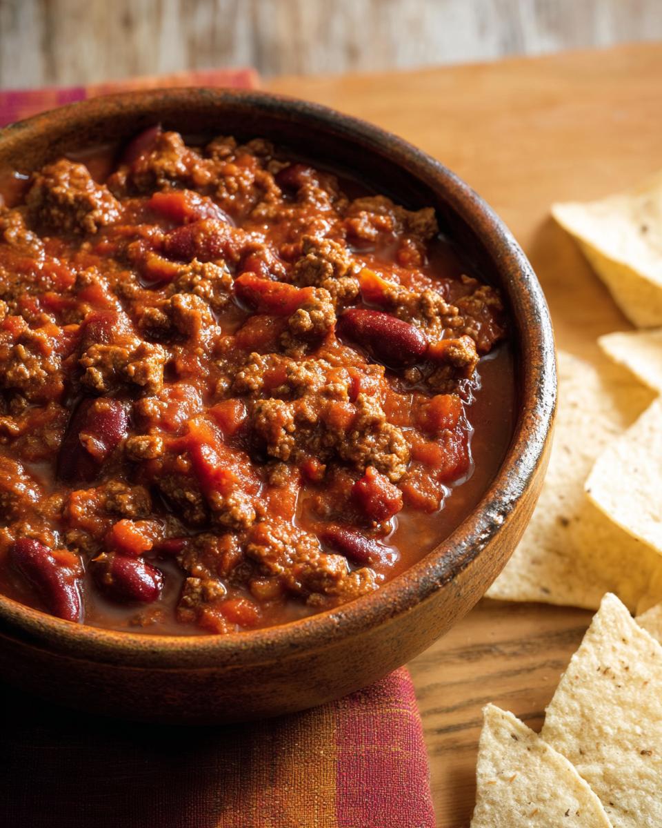 A rustic bowl filled with hearty Easy Beef Chili, served with tortilla chips on the side.