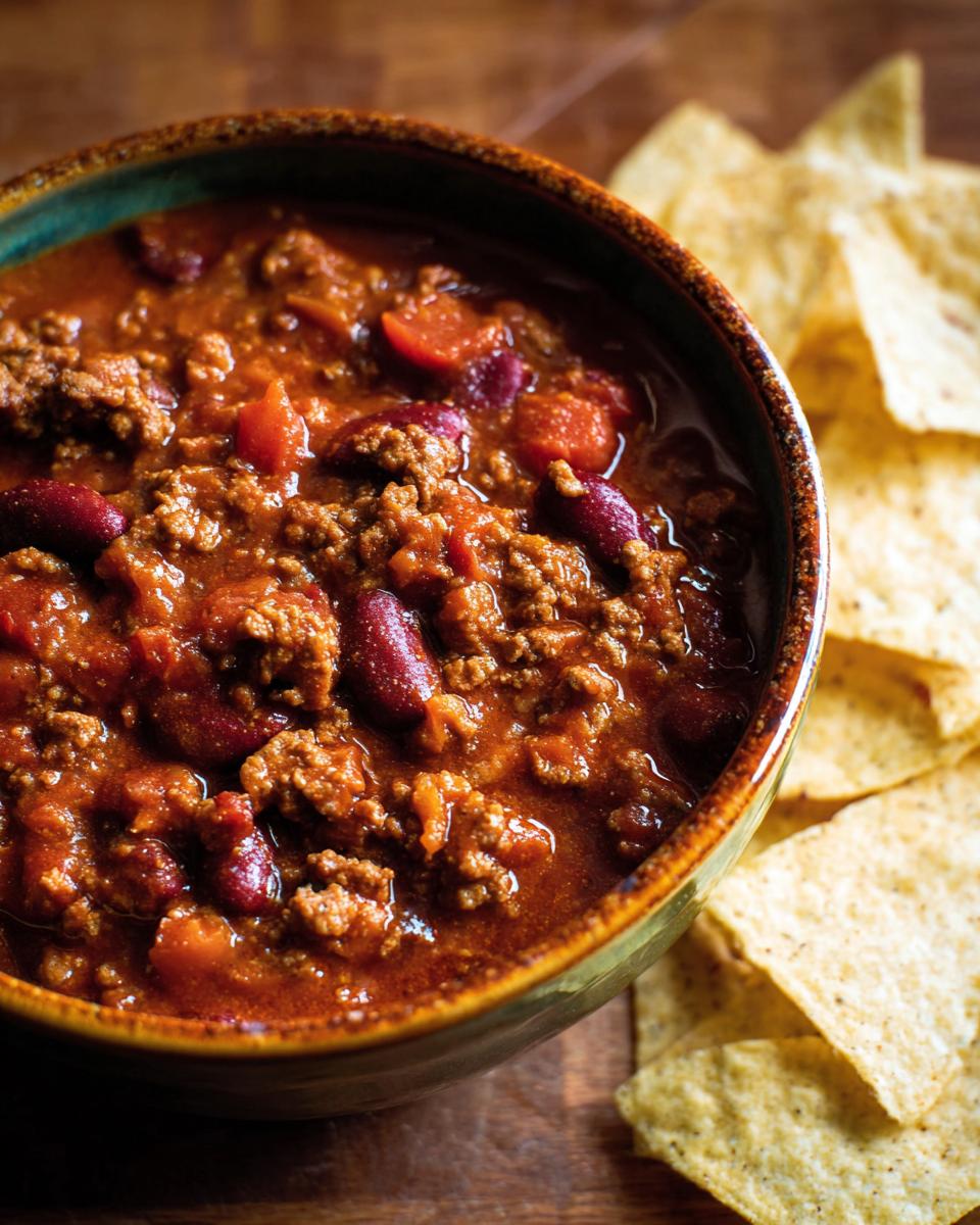 A close-up shot of a rustic bowl filled with hearty Easy Beef Chili, served with tortilla chips on the side.