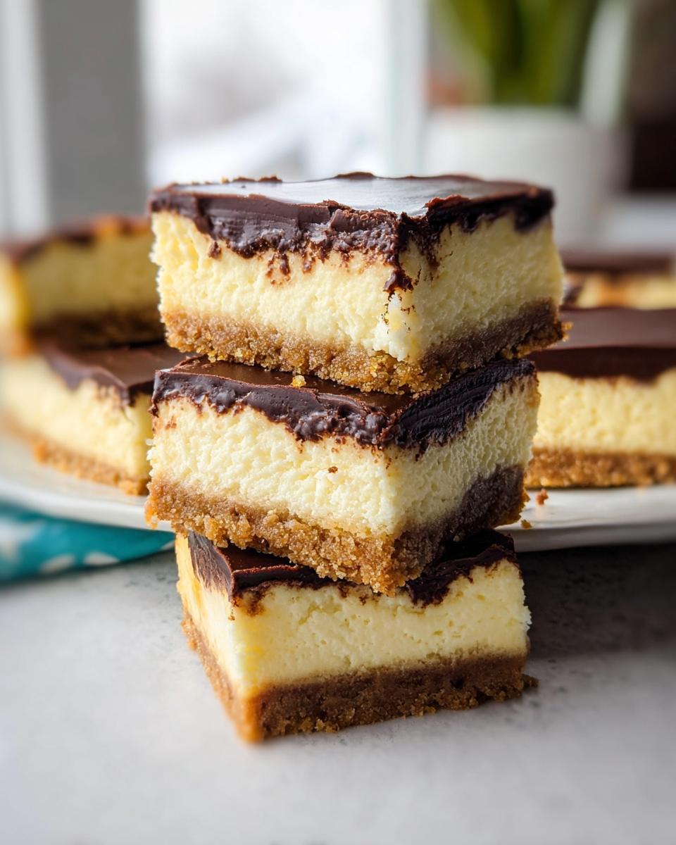 A stack of three rich and creamy Easy Cheesecake Bars, topped with a smooth layer of dark chocolate.