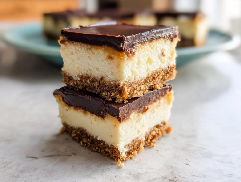 Two stacked easy cheesecake bars topped with rich chocolate ganache and a graham cracker crust.