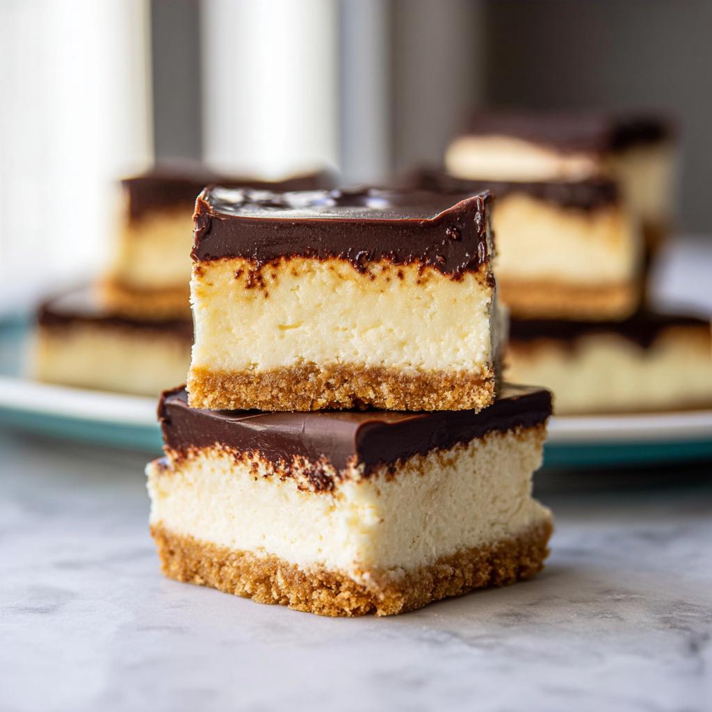 Close-up of two stacked Easy Cheesecake Bars with a graham cracker crust and rich chocolate ganache topping.