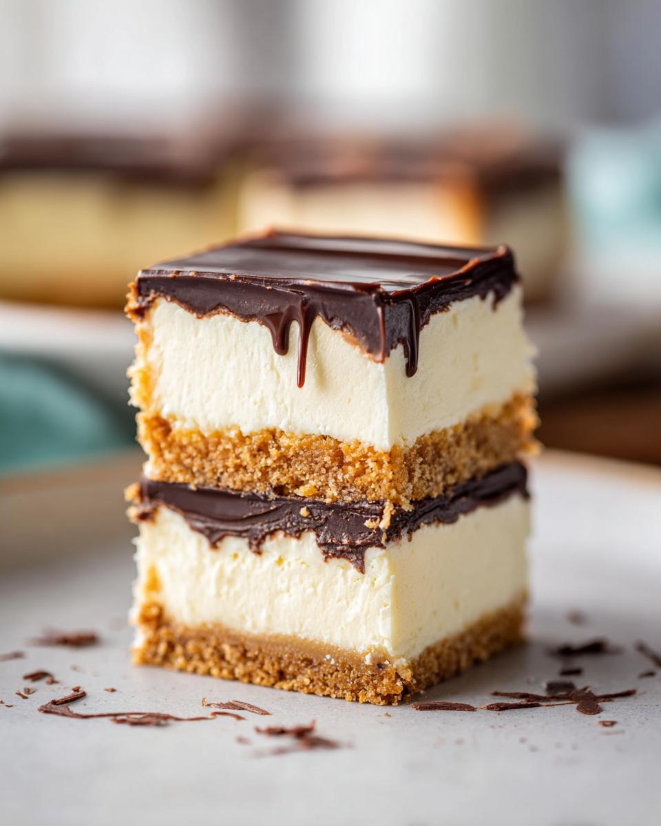 Two stacked easy cheesecake bars with a graham cracker crust, creamy cheesecake filling, and a rich chocolate ganache topping.
