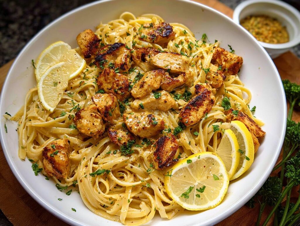 A white bowl filled with Easy Cowboy Butter Chicken Linguine, topped with seared chicken pieces and lemon slices.