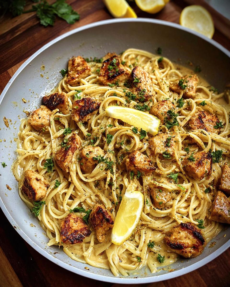 Close-up of Easy Cowboy Butter Chicken Linguine with seared chicken pieces in a creamy sauce.