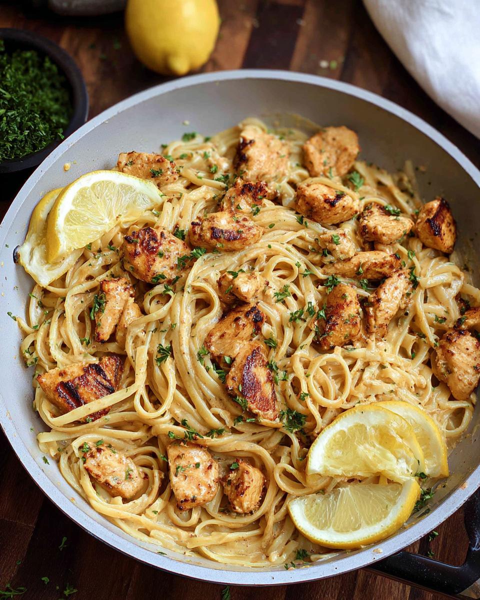 Close-up of Easy Cowboy Butter Chicken Linguine tossed in a creamy sauce, garnished with lemon wedges and parsley.
