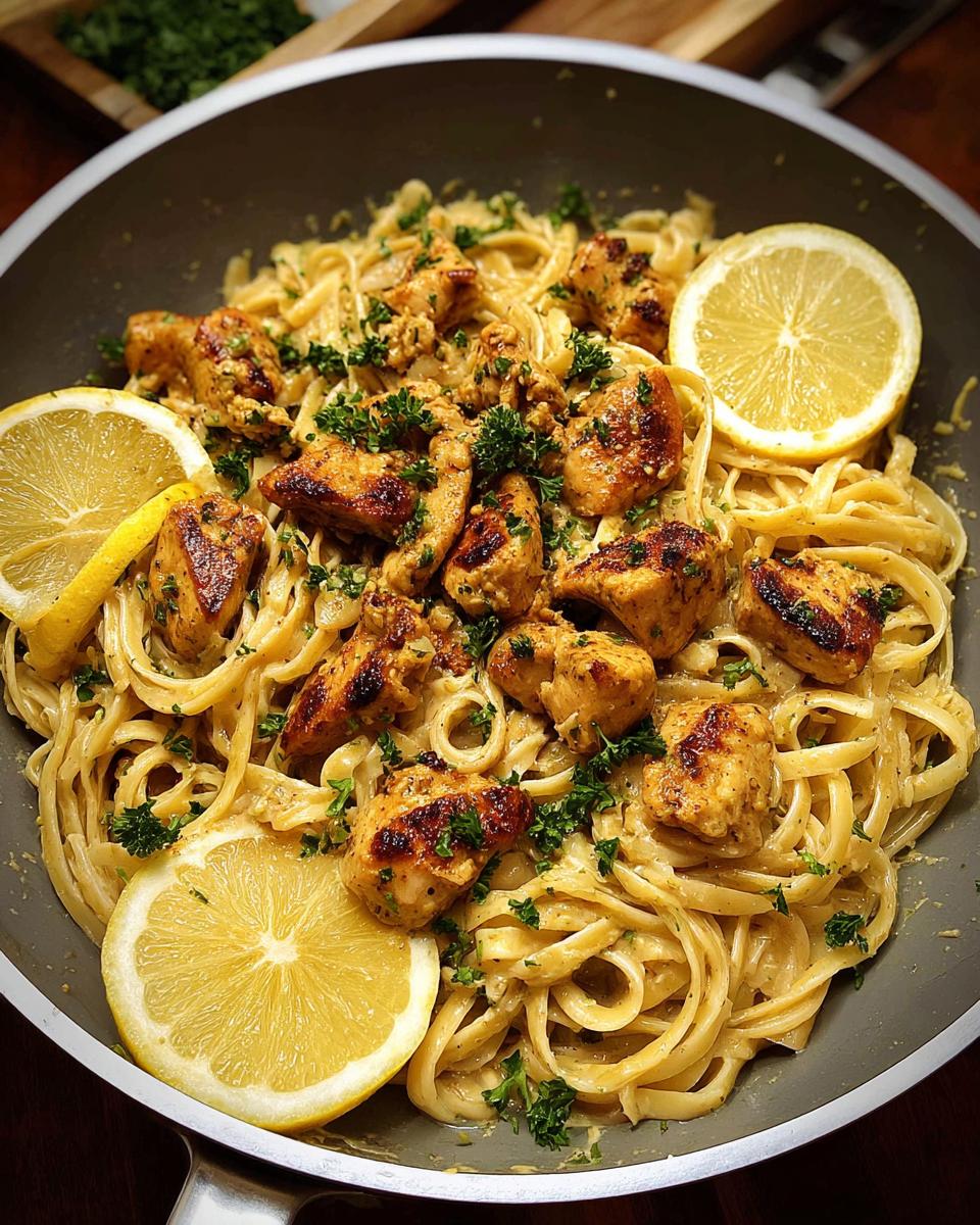 Close-up of Easy Cowboy Butter Chicken Linguine tossed in a creamy sauce, topped with seared chicken and lemon slices.