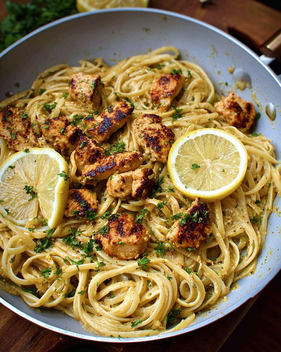 Close-up of Easy Cowboy Butter Chicken Linguine with seared chicken pieces and lemon slices in a skillet.