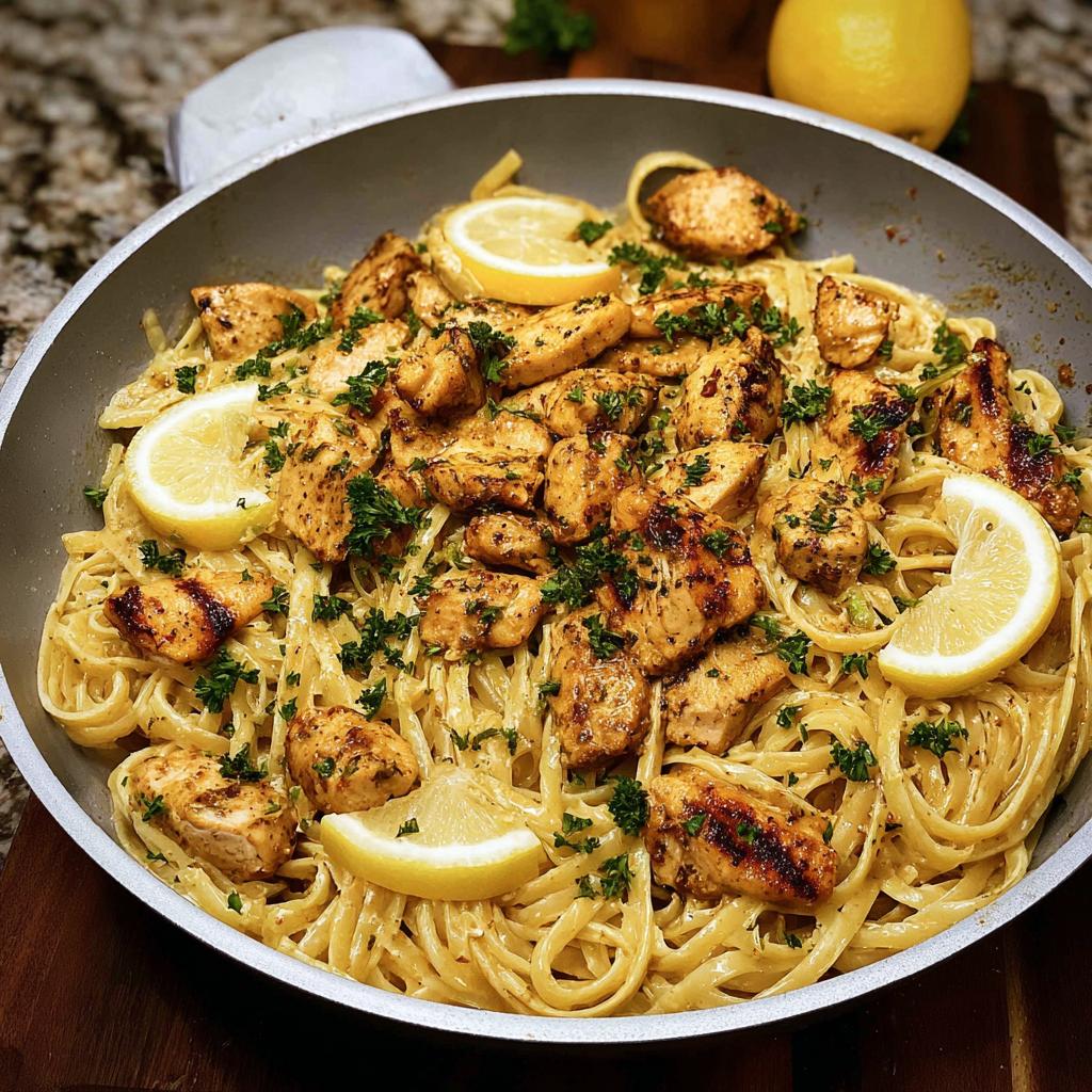 Close-up of Easy Cowboy Butter Chicken Linguine tossed with grilled chicken pieces and lemon slices.