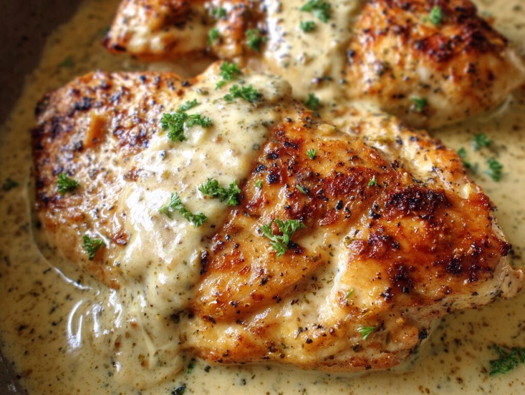 Close-up of seared chicken breast covered in a thick, creamy ranch sauce and garnished with parsley.