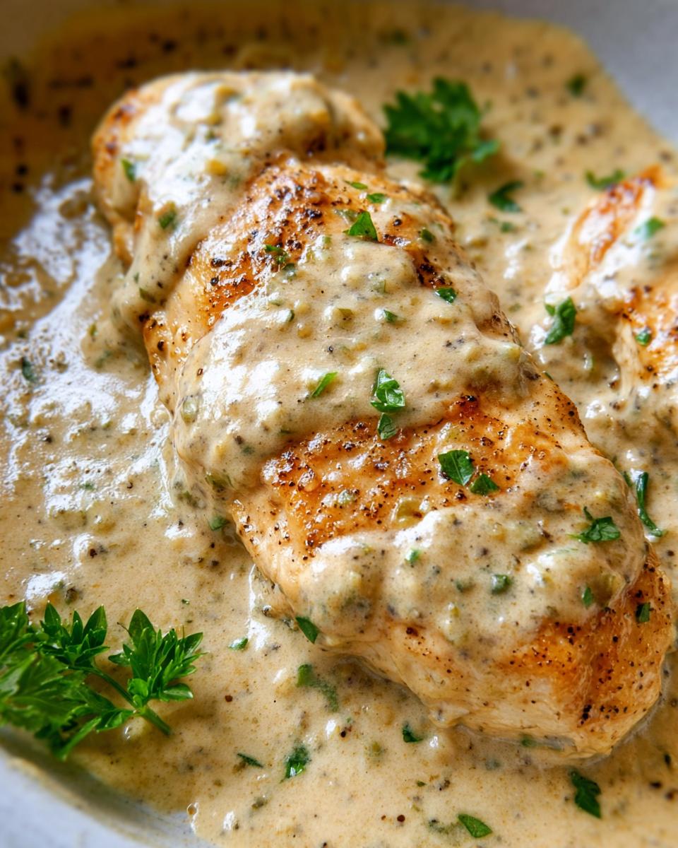 A perfectly seared chicken breast smothered in a rich, creamy sauce, part of the Easy Creamy Ranch Chicken Recipe.