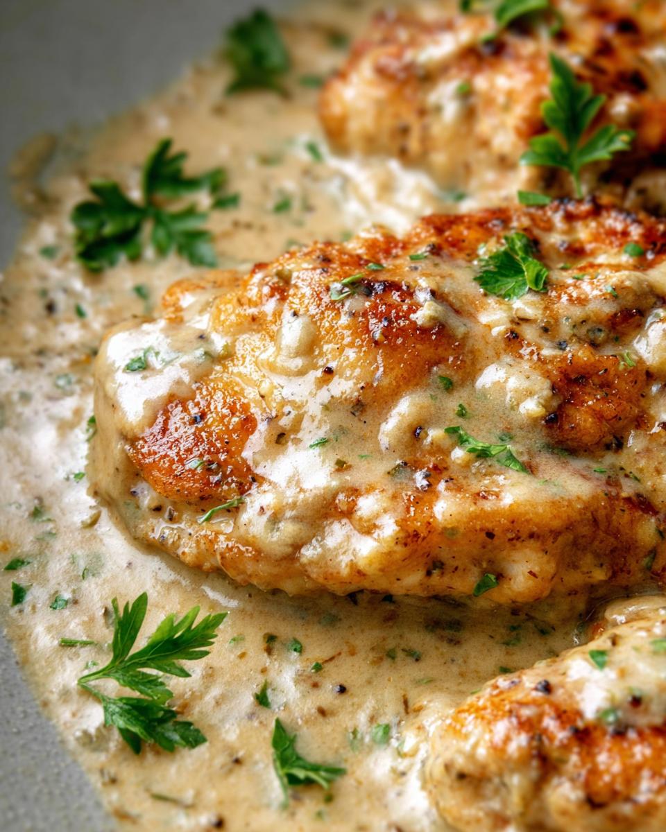 Close-up of seared chicken breasts smothered in a thick, creamy sauce, part of the Easy Creamy Ranch Chicken Recipe.
