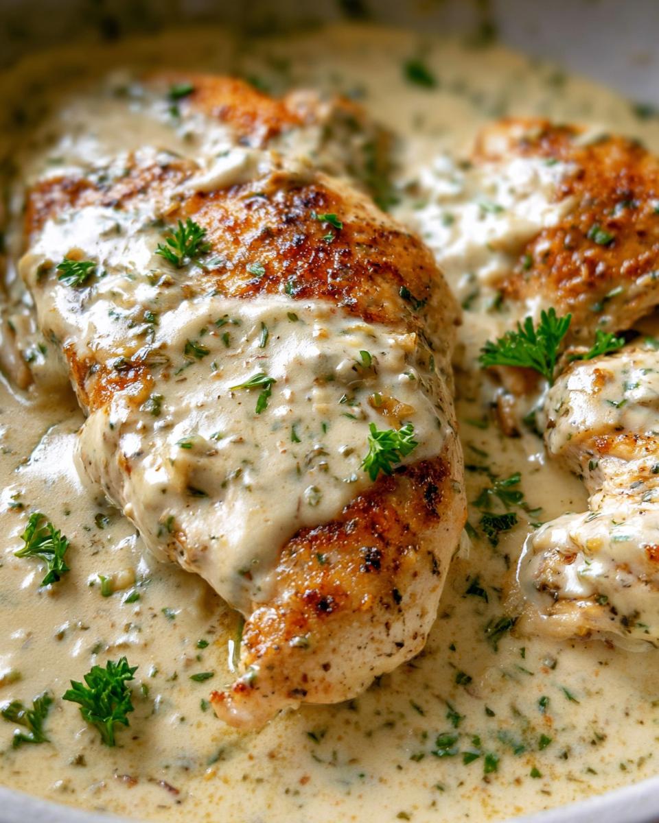 Close-up of seared chicken breasts smothered in Easy Creamy Ranch Chicken Recipe sauce, garnished with parsley.