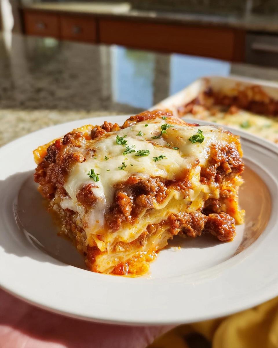 A generous slice of cheesy, meaty lasagna, perfect for an Easy Lasagna Dinner for Busy Families.