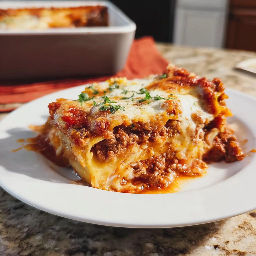 A generous slice of cheesy, meaty lasagna on a white plate, perfect for an Easy Lasagna Dinner for Busy Families.
