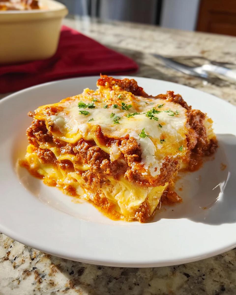 A hearty slice of Easy Lasagna Dinner for Busy Families, layered with meat sauce and melted cheese, garnished with parsley.