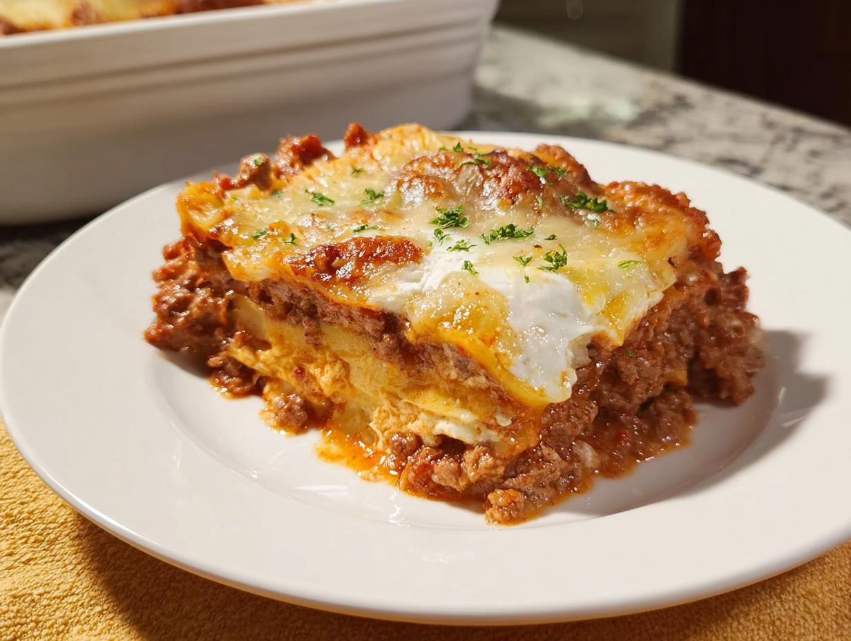 A generous slice of Easy Lasagna Dinner for Busy Families on a white plate, topped with melted cheese and parsley.