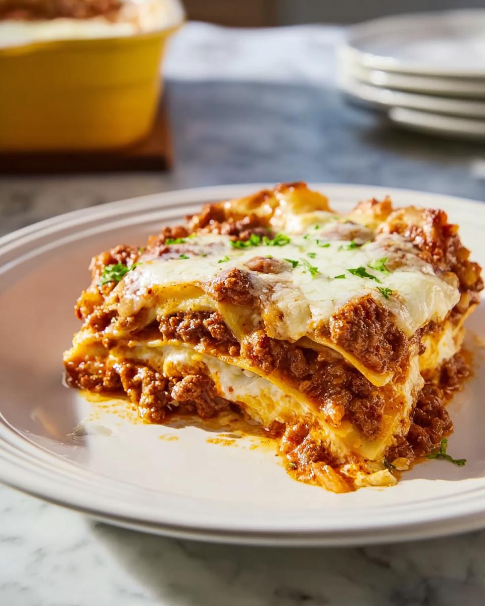 A generous slice of cheesy, meaty lasagna, perfect for an Easy Lasagna Dinner for Busy Families.