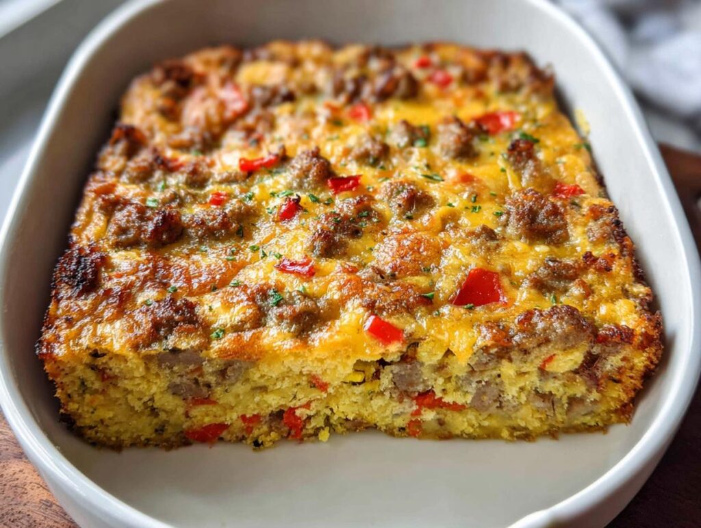 Close-up of a baked Easy Overnight Breakfast Casserole topped with browned sausage, melted cheese, and red peppers.