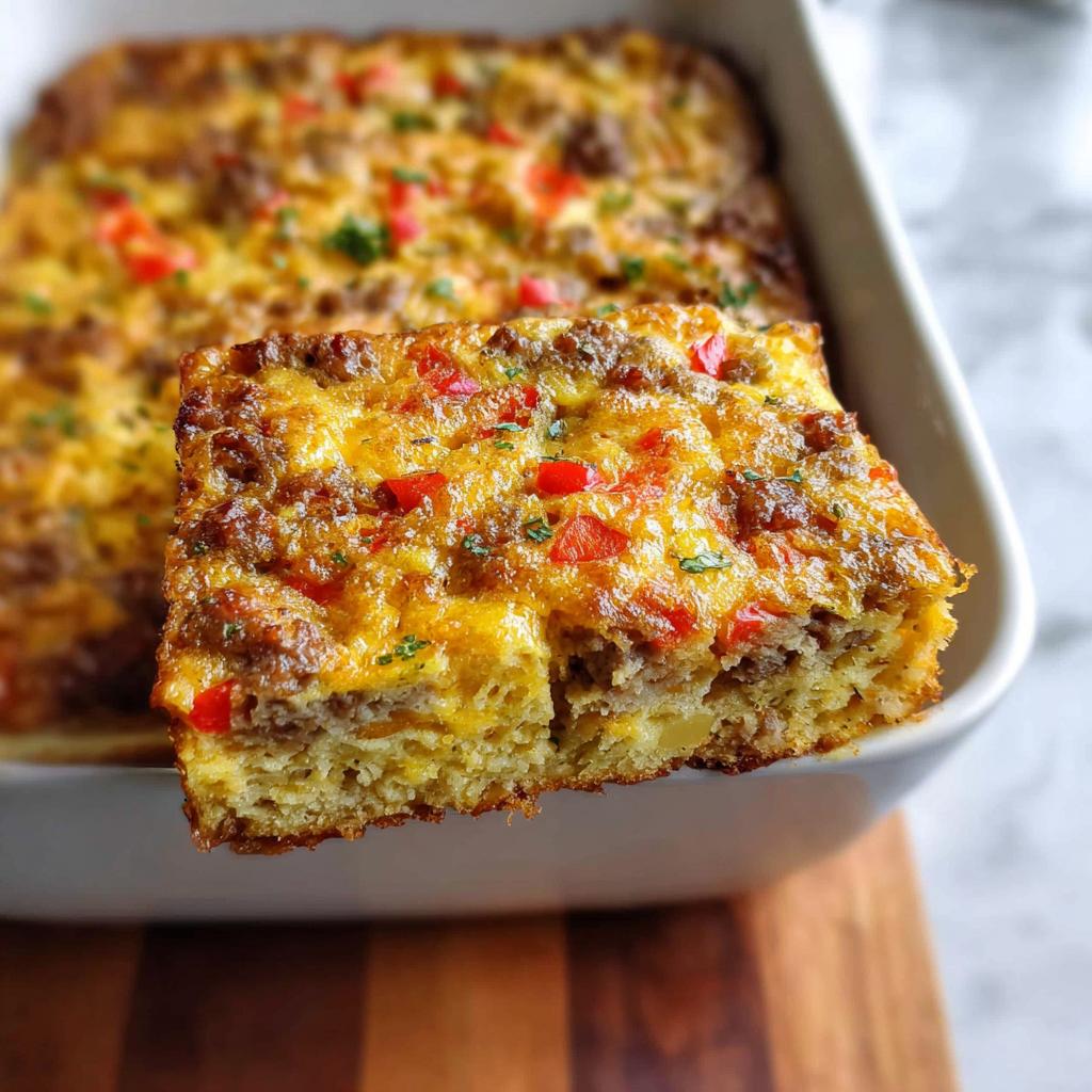 A square slice of Easy Overnight Breakfast Casserole lifted from a white baking dish, topped with cheese, sausage, and peppers.