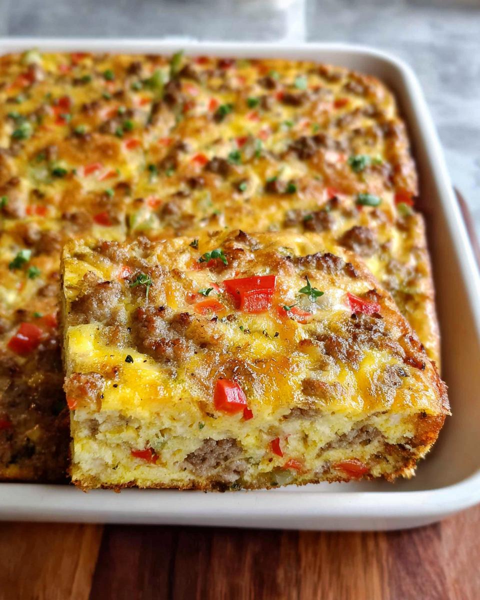 A serving of Easy Overnight Breakfast Casserole with sausage, eggs, and red peppers, pulled from the baking dish.