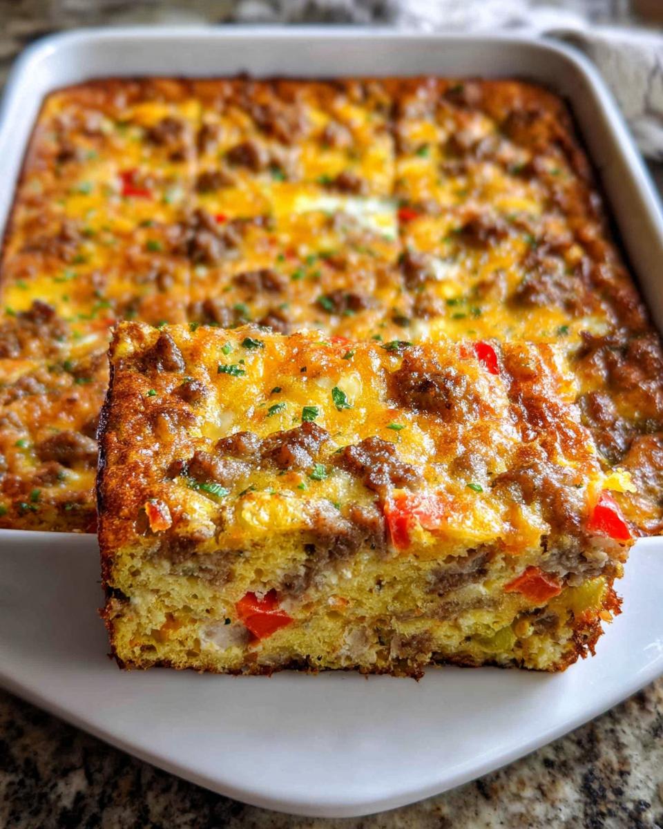 A square slice of Easy Overnight Breakfast Casserole with sausage, cheese, and peppers, served on a white plate.