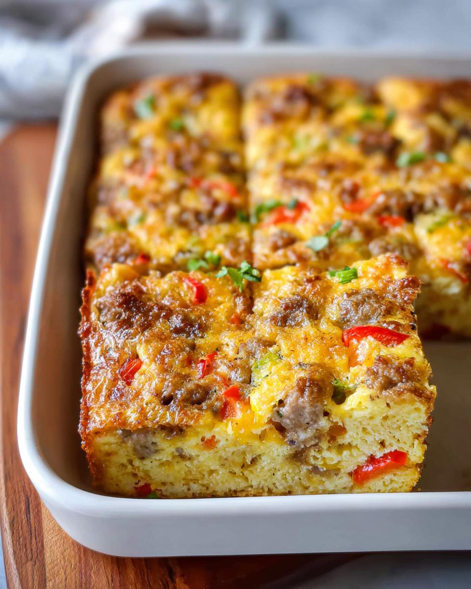 A square portion of Easy Overnight Breakfast Casserole with sausage, peppers, and cheese, sitting in a white baking dish.