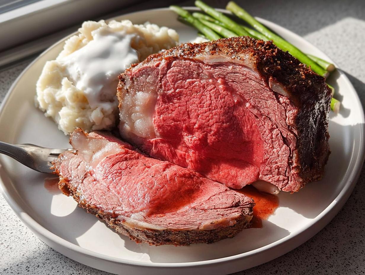 A perfectly cooked slice of Easy Prime Rib for Busy Hosts showing a medium-rare center, served with mashed potatoes and asparagus.