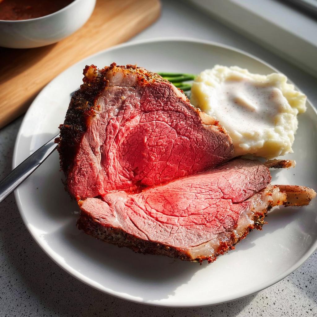A thick slice of perfectly cooked Easy Prime Rib with a deep pink center served with mashed potatoes.