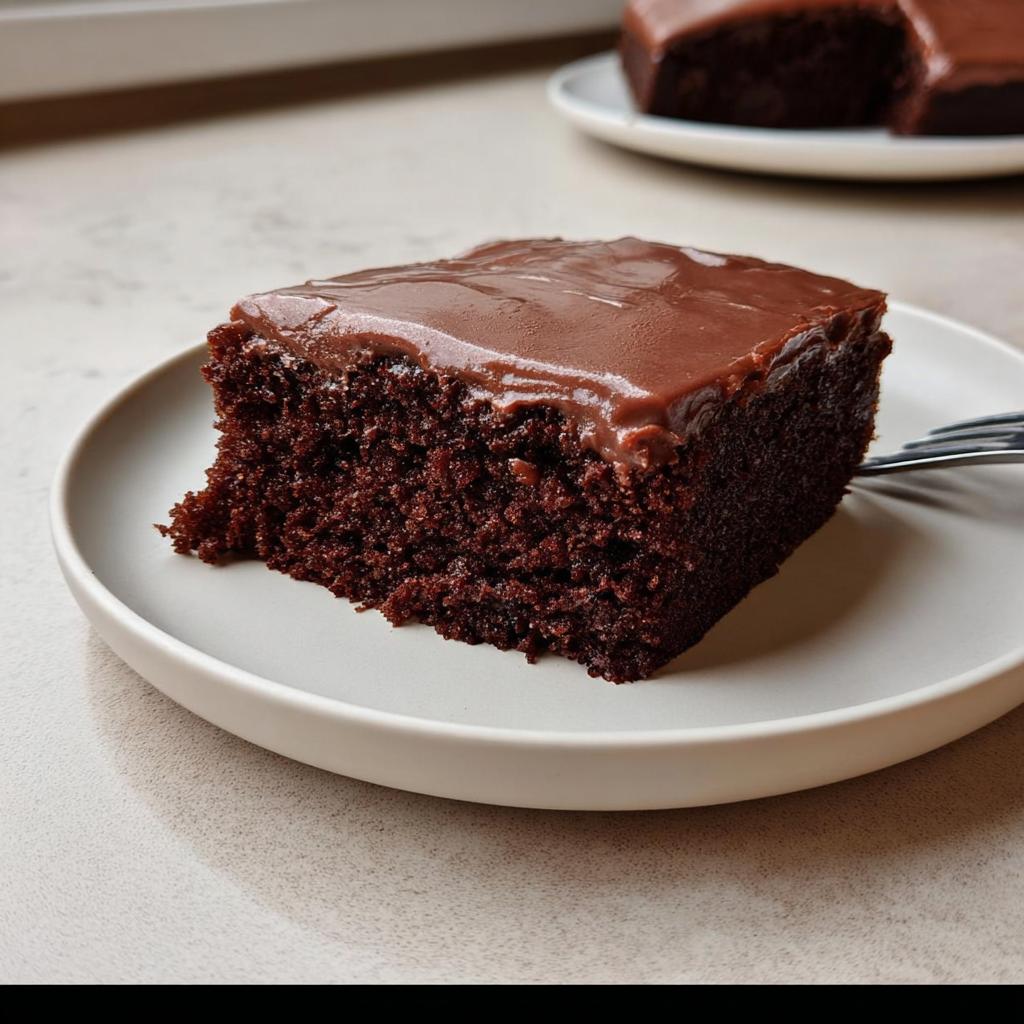 A moist slice of dark chocolate Easy Snacking Sheet Cake topped with glossy chocolate frosting on a white plate.