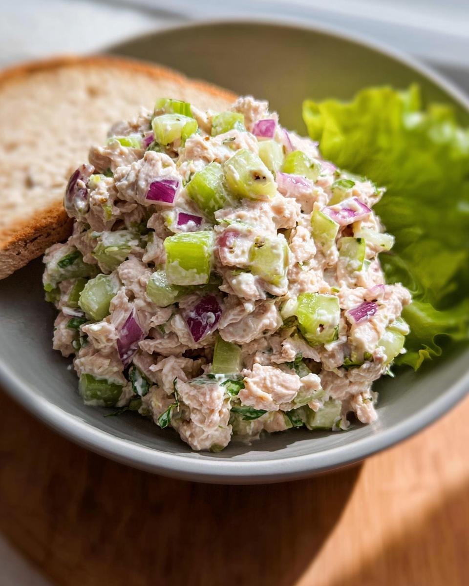 A close-up of a bowl filled with Easy Tuna Salad Meal Prep, featuring tuna, celery, and red onion, served with toast and lettuce.