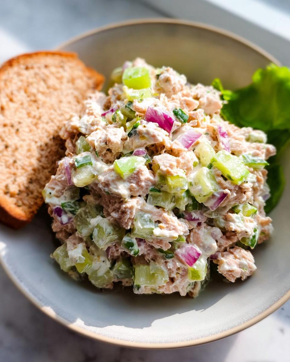 A close-up of a bowl filled with Easy Tuna Salad Meal Prep, featuring tuna, celery, red onion, and creamy dressing, served with a slice of whole wheat bread.