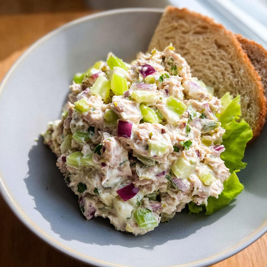 A close-up of a bowl filled with creamy Easy Tuna Salad Meal Prep, featuring chunks of tuna, celery, red onion, and herbs, served with two slices of bread.