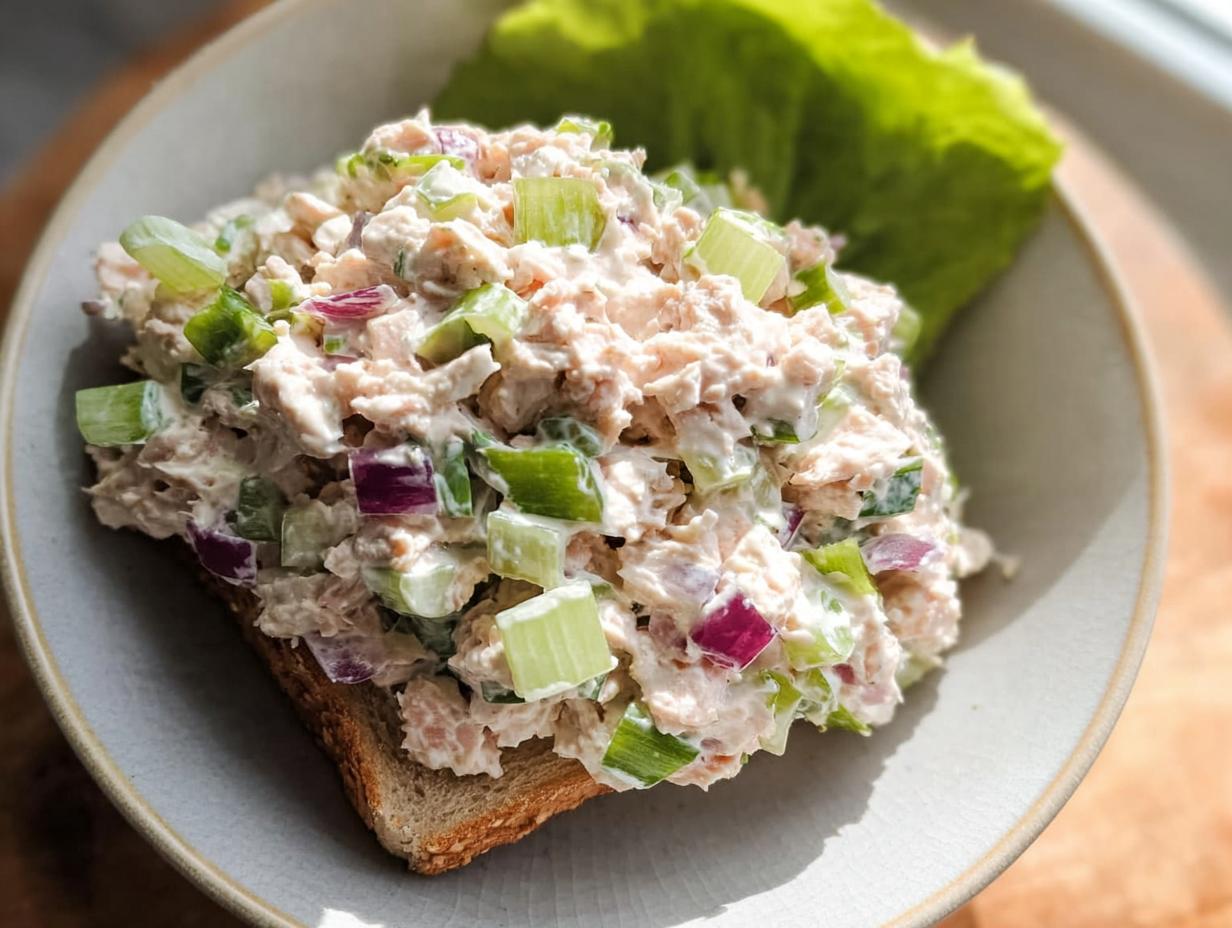 A generous portion of Easy Tuna Salad Meal Prep piled high on a slice of toasted bread, with lettuce on the side.