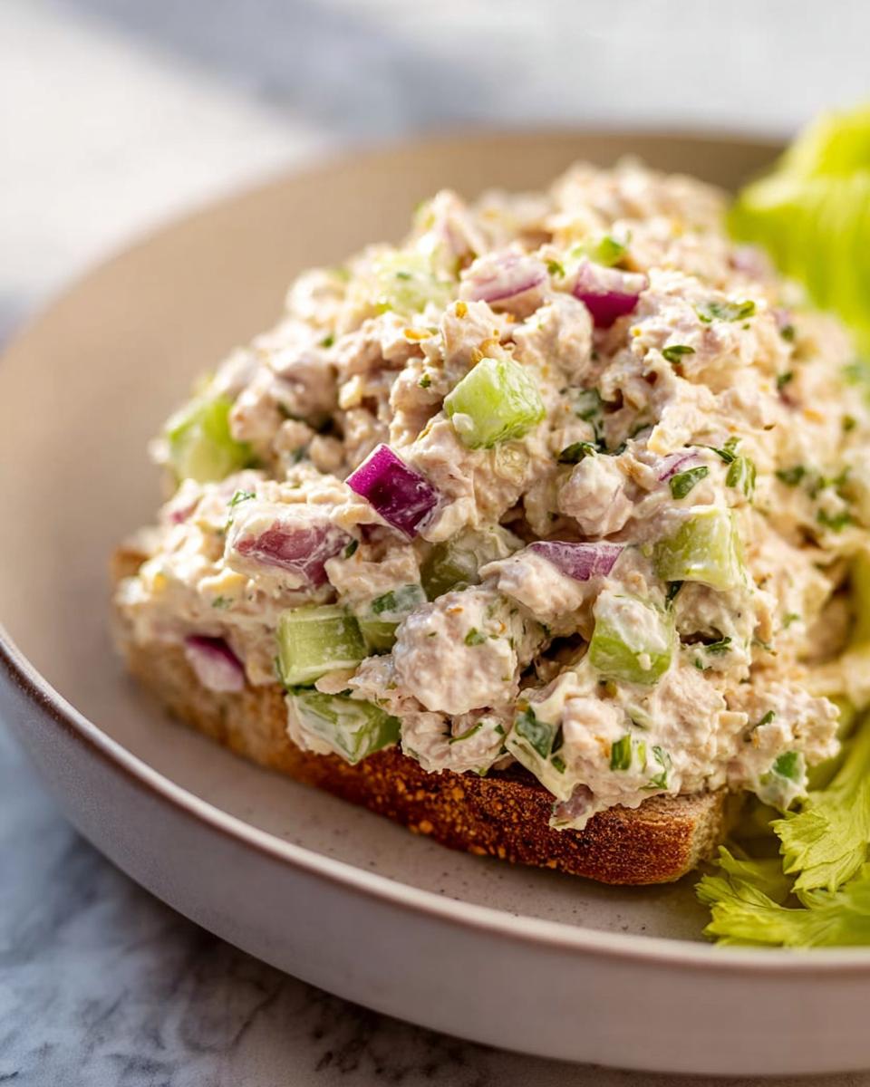 A close-up of Easy Tuna Salad Meal Prep served on a slice of toasted bread with lettuce.